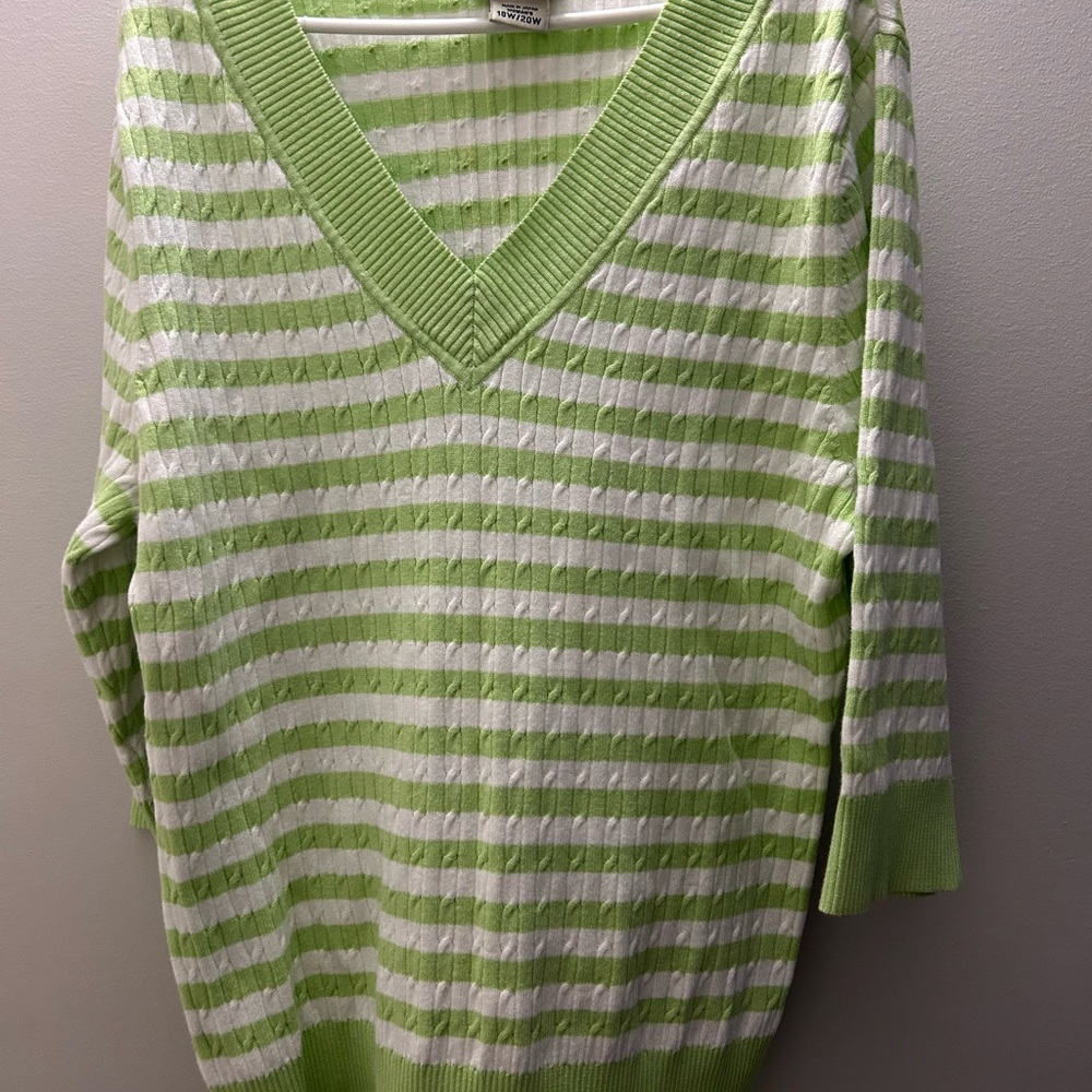 Green and White Striped V-Neck cable knit Sweater